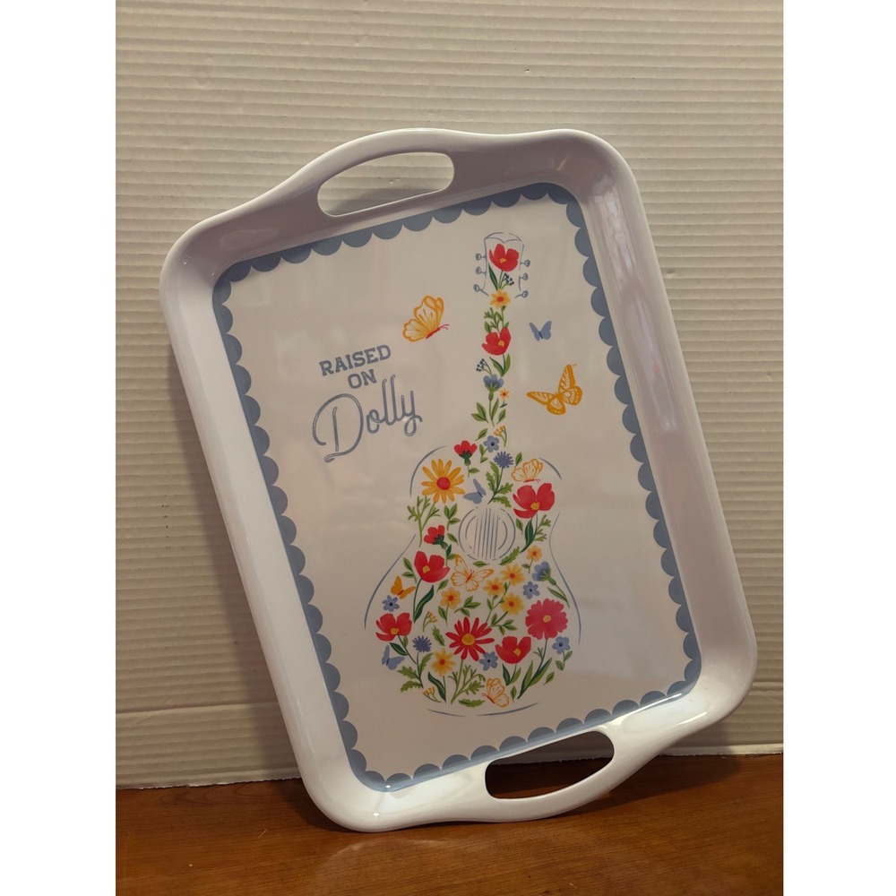 Dolly Parton Raised on Dolly Melamine Serving Tray Floral Guitar White 17.5in